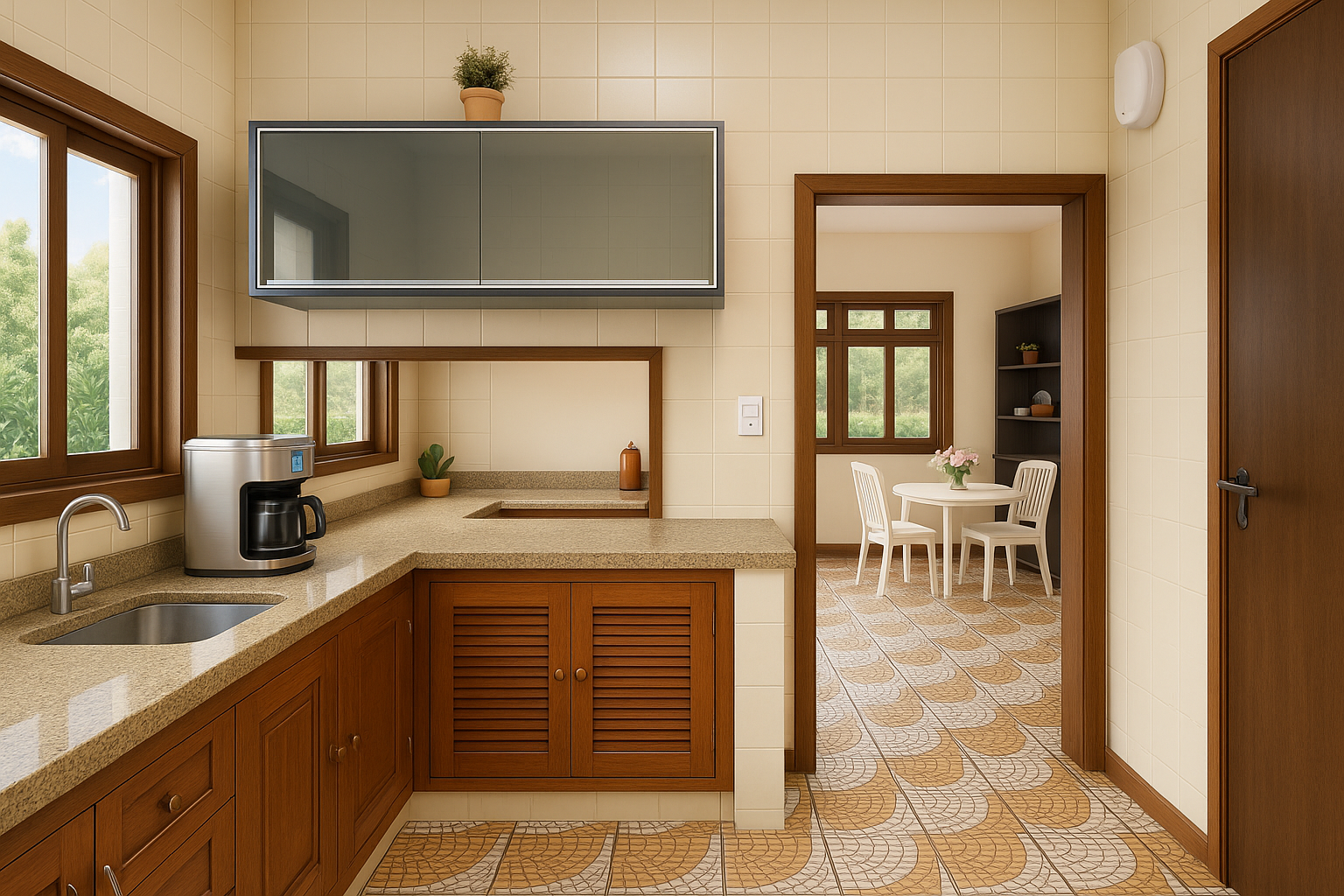 Cozinha com geladeira, fogão e micro-ondas